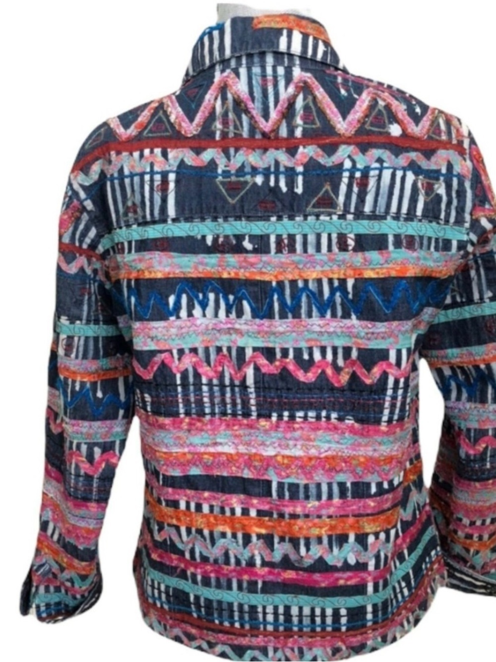 Chico’s Scrap Art Fabric Jean Jacket, Very Artsy Bold Statement Piece Sz 2